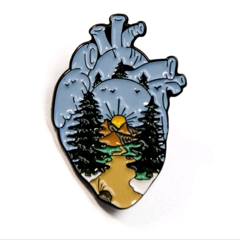 Anatomical Heart Nature Enamel Pin, Mountains, Hiking, Trees, Camping